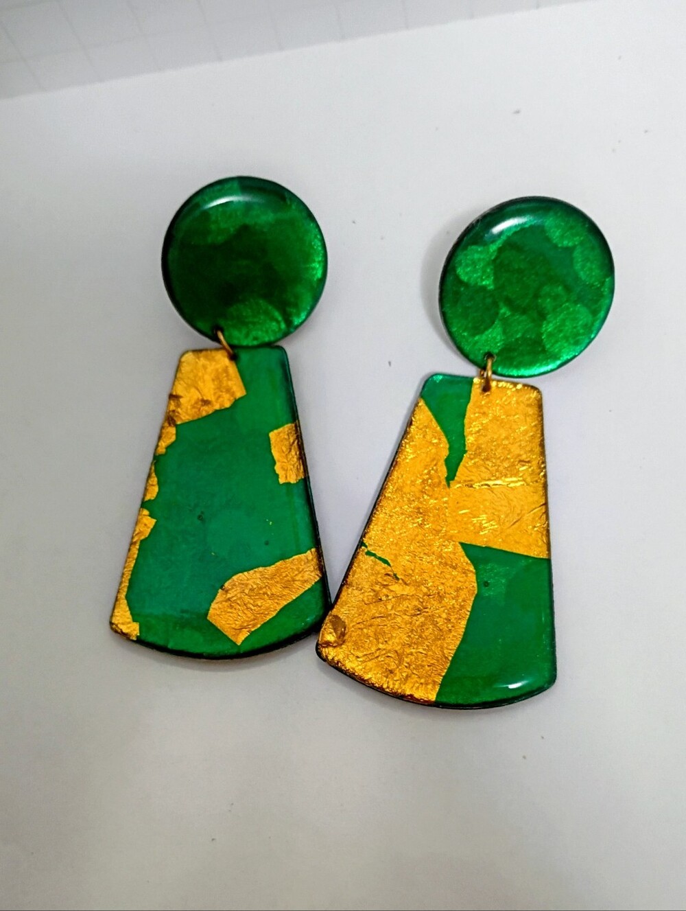 Green and Gold Toned abstract geometric earrings